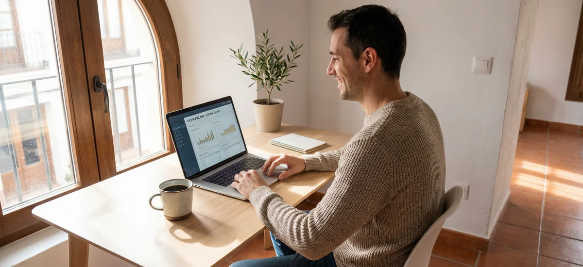 Persona consultando su póliza de seguros en el ordenador